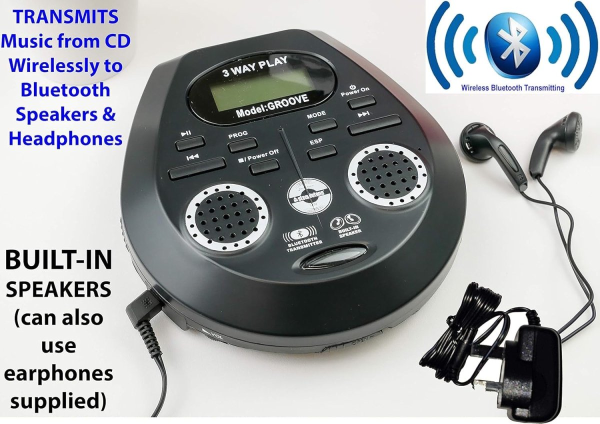 Portable CD Discman with Built - In Speakers Bluetooth Transmitter Stereo - Kwikley