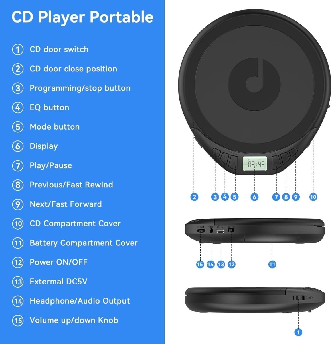 Portable CD Player Anti Skip LCD MP3 PROG Memory Headphones Black - Kwikley