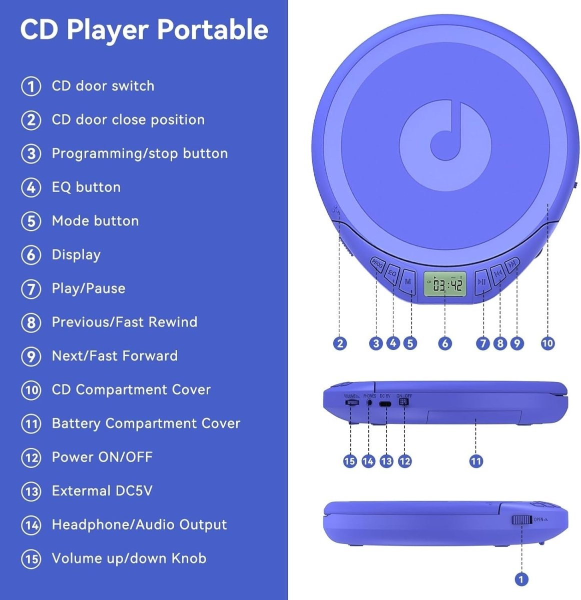 Portable CD Player Anti Skip LCD MP3 PROG Memory Headphones Blue - Kwikley