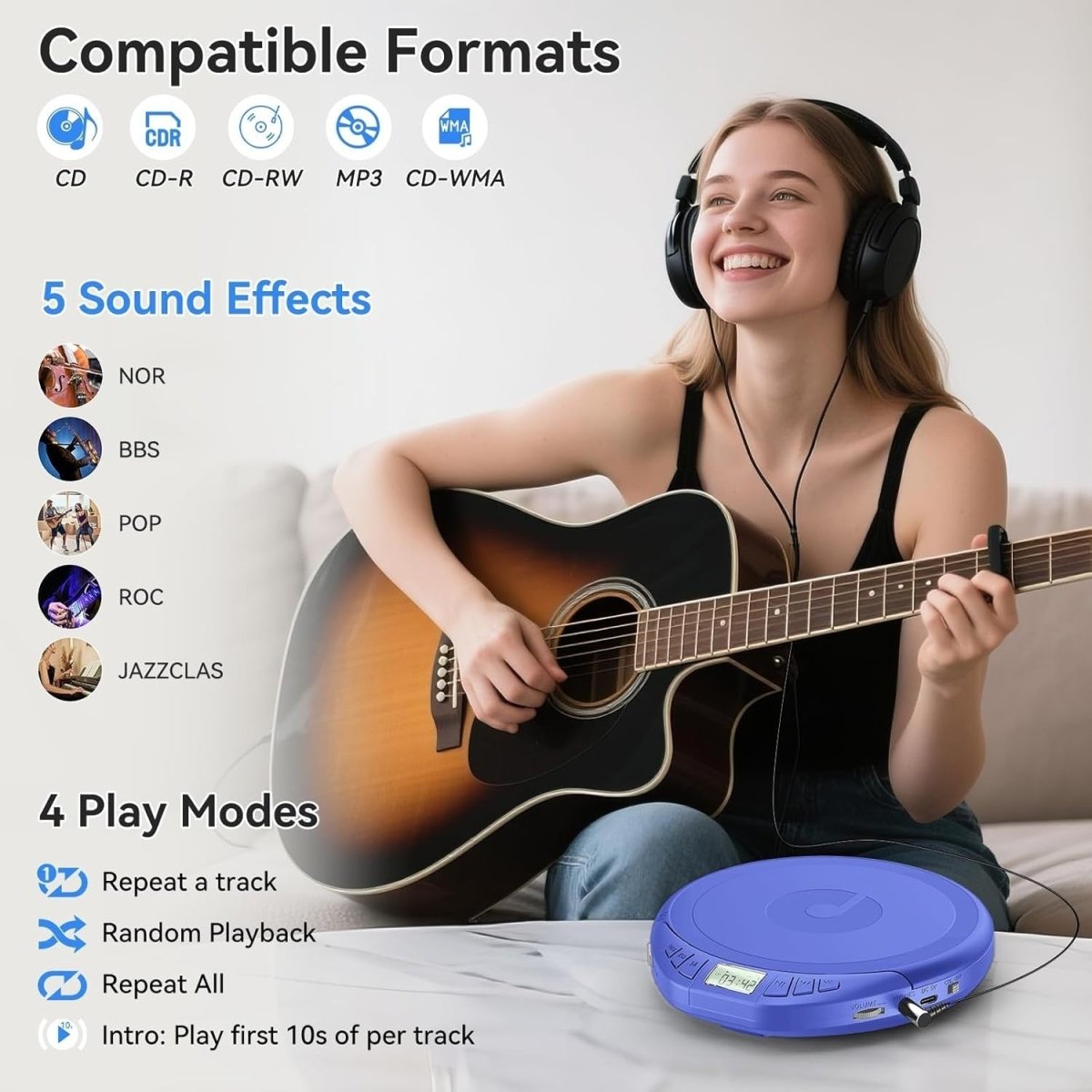 Portable CD Player Anti Skip LCD MP3 PROG Memory Headphones Blue - Kwikley