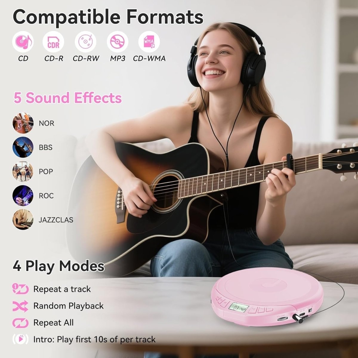 Portable CD Player Anti Skip LCD MP3 PROG Memory Headphones Pink - Kwikley