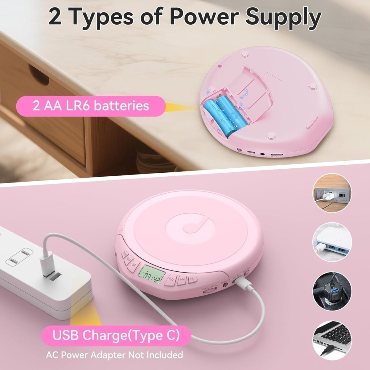 Portable CD Player Anti Skip LCD MP3 PROG Memory Headphones Pink - Kwikley