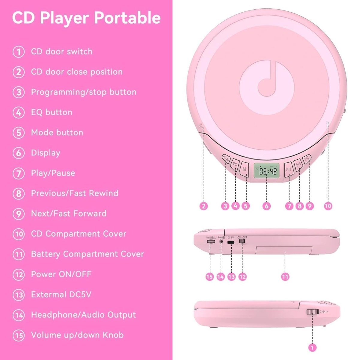 Portable CD Player Anti Skip LCD MP3 PROG Memory Headphones Pink - Kwikley