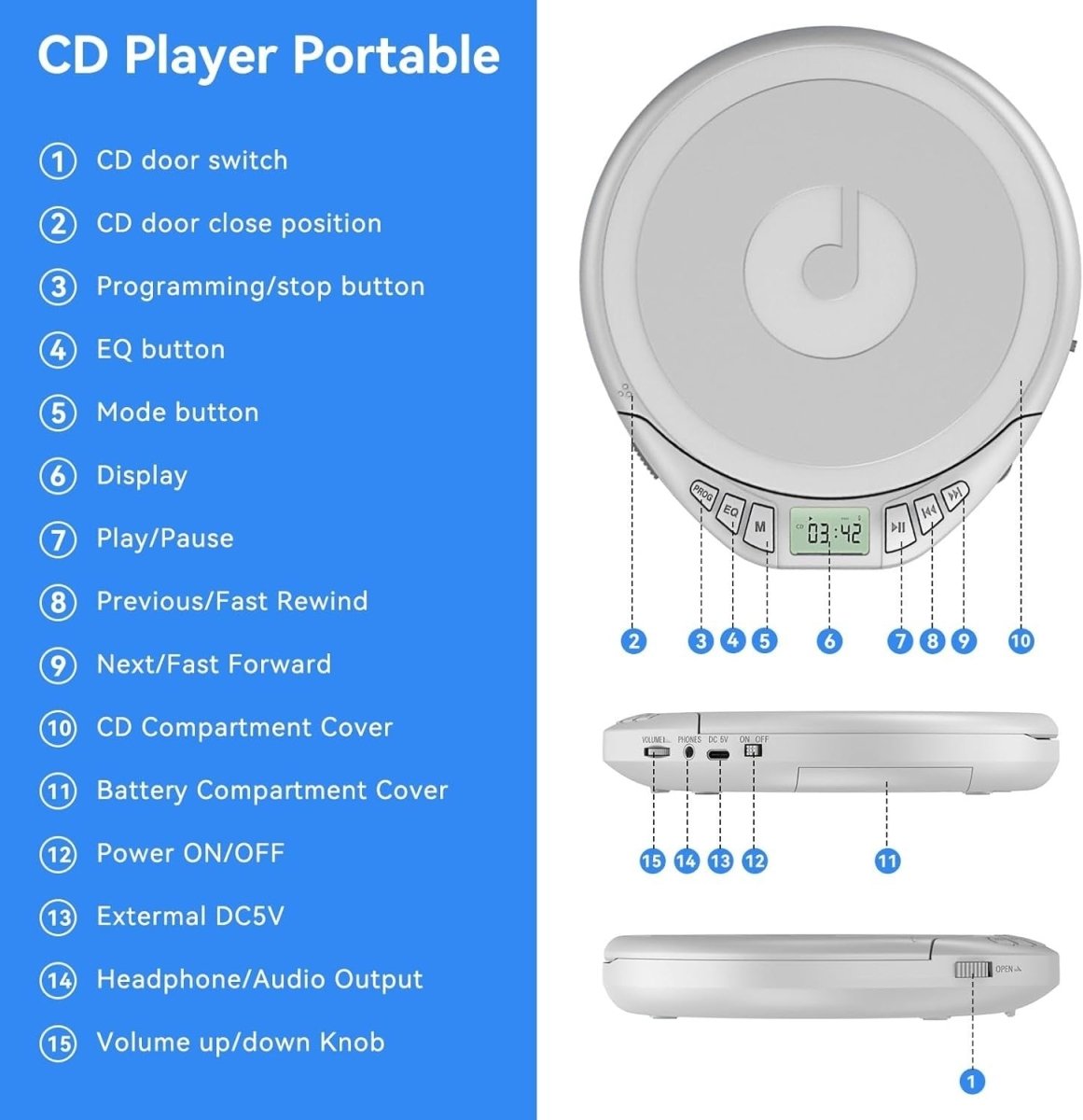 Portable CD Player Anti Skip LCD MP3 PROG Memory Headphones Silver - Kwikley