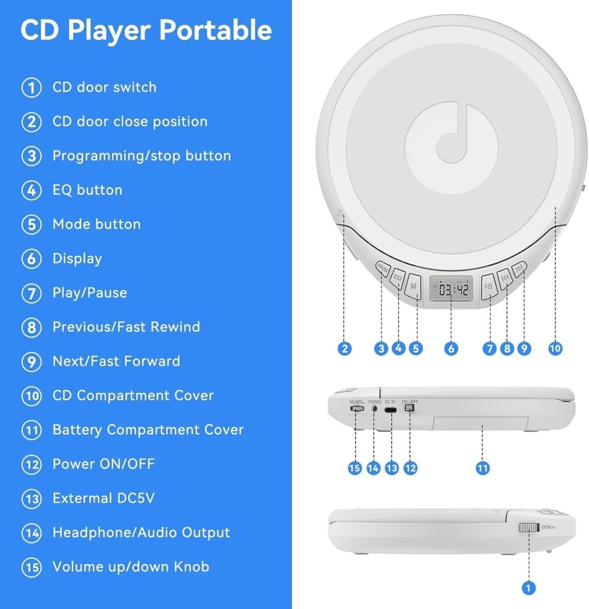 Portable CD Player Anti Skip LCD MP3 PROG Memory Headphones White - Kwikley