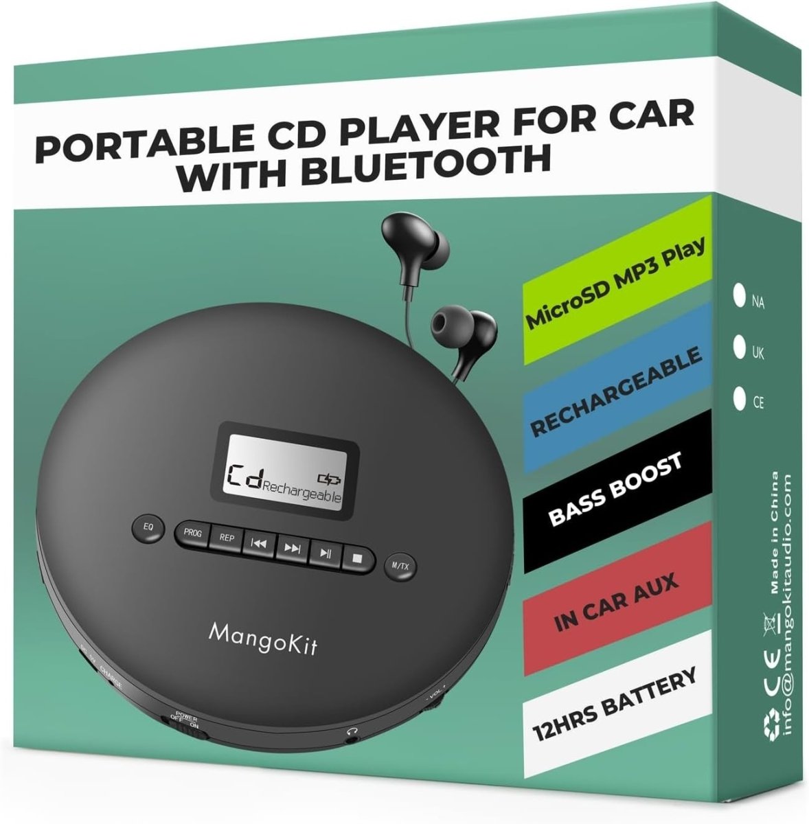 Portable CD Player Bluetooth 5.3 Anti Skip MP3 Rechargeable AUX - Kwikley