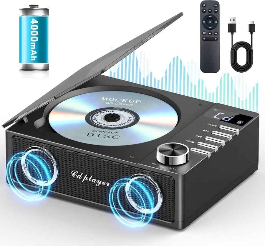 Portable CD Player Bluetooth 5.3 Rechargeable Speakers USB TF AUX Black - Kwikley