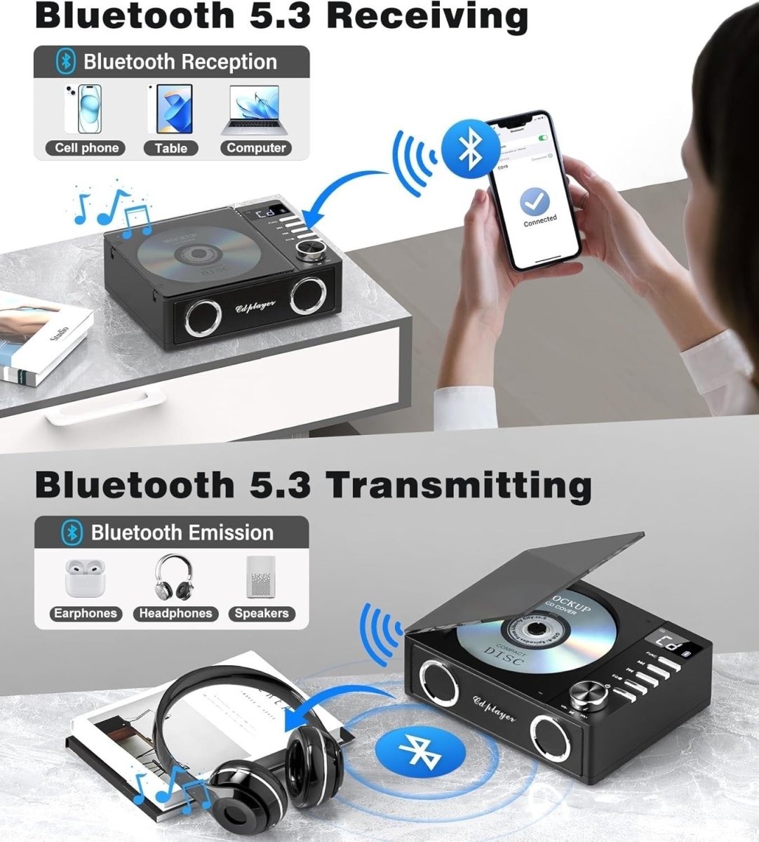 Portable CD Player Bluetooth 5.3 Rechargeable Speakers USB TF AUX Black - Kwikley