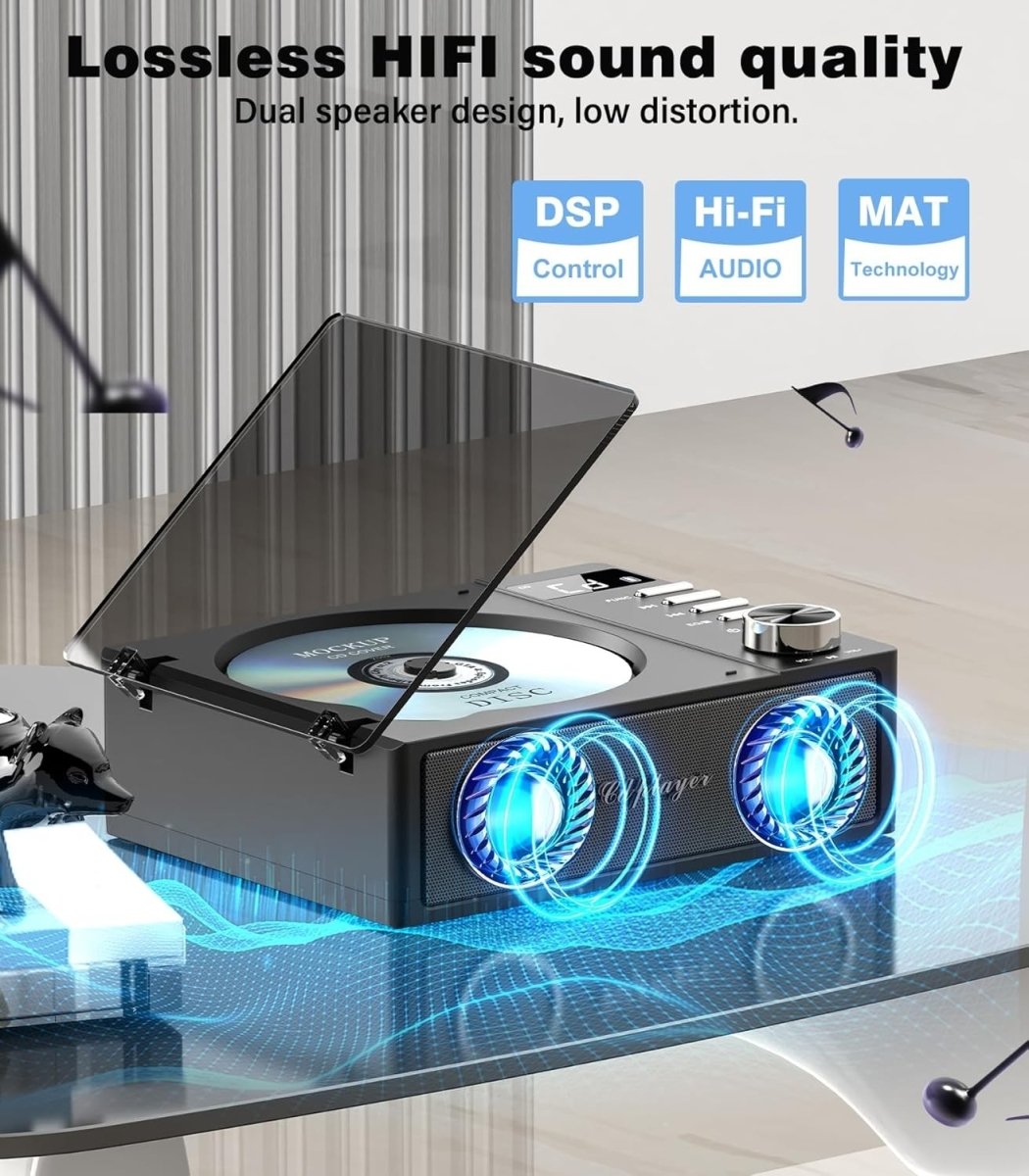 Portable CD Player Bluetooth 5.3 Rechargeable Speakers USB TF AUX Black - Kwikley