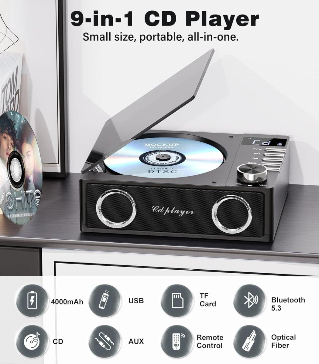 Portable CD Player Bluetooth 5.3 Rechargeable Speakers USB TF AUX Black - Kwikley