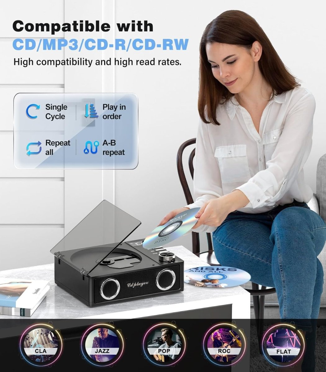 Portable CD Player Bluetooth 5.3 Rechargeable Speakers USB TF AUX Black - Kwikley
