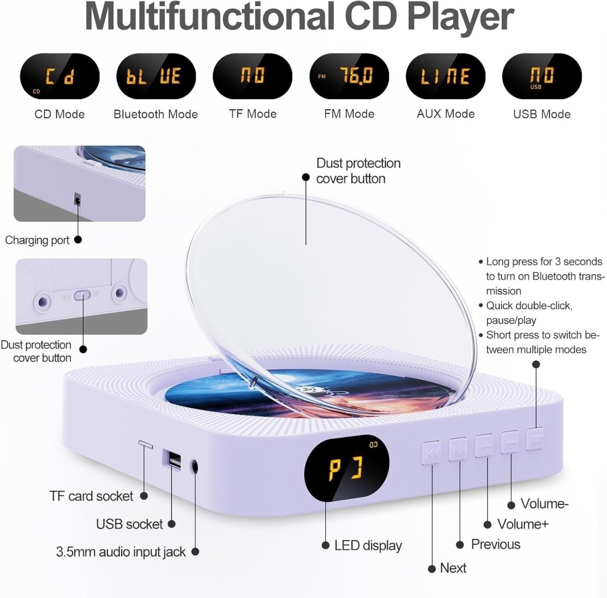 Portable CD Player Bluetooth Dual Speakers Remote LCD Wall Mount - Kwikley