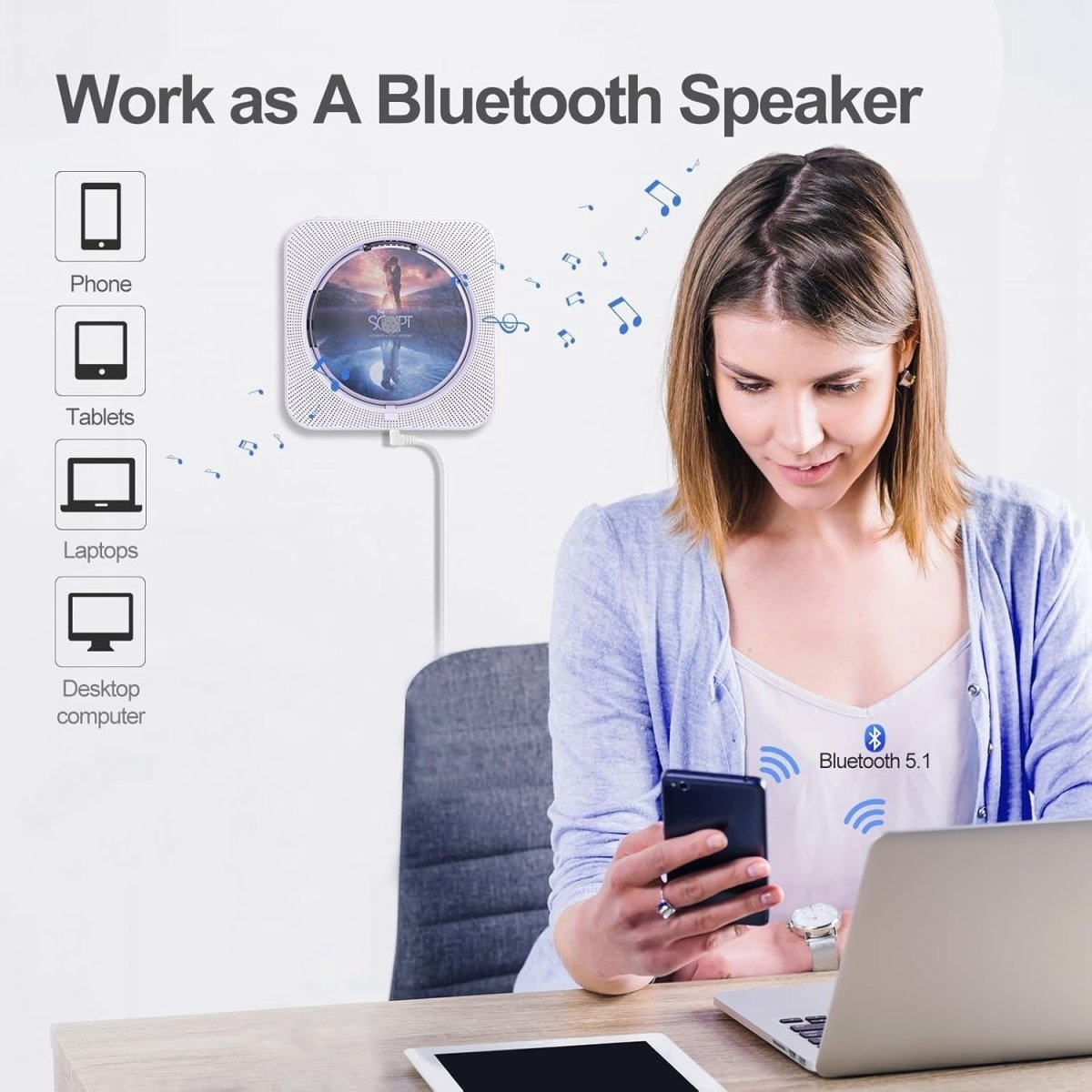 Portable CD Player Bluetooth Dual Speakers Remote LCD Wall Mount - Kwikley