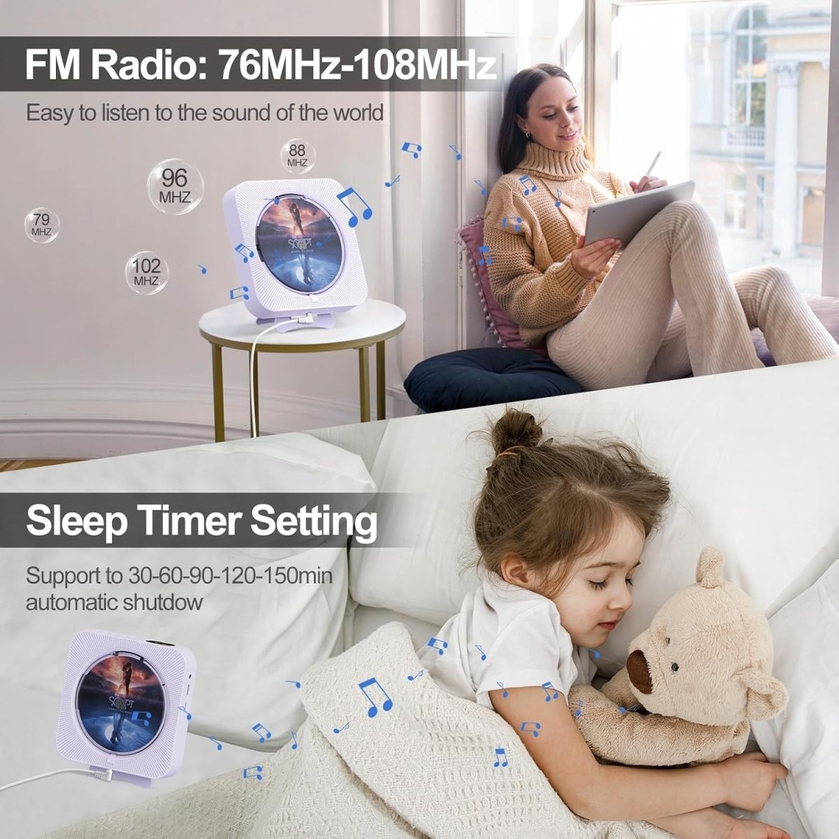 Portable CD Player Bluetooth Dual Speakers Remote LCD Wall Mount - Kwikley