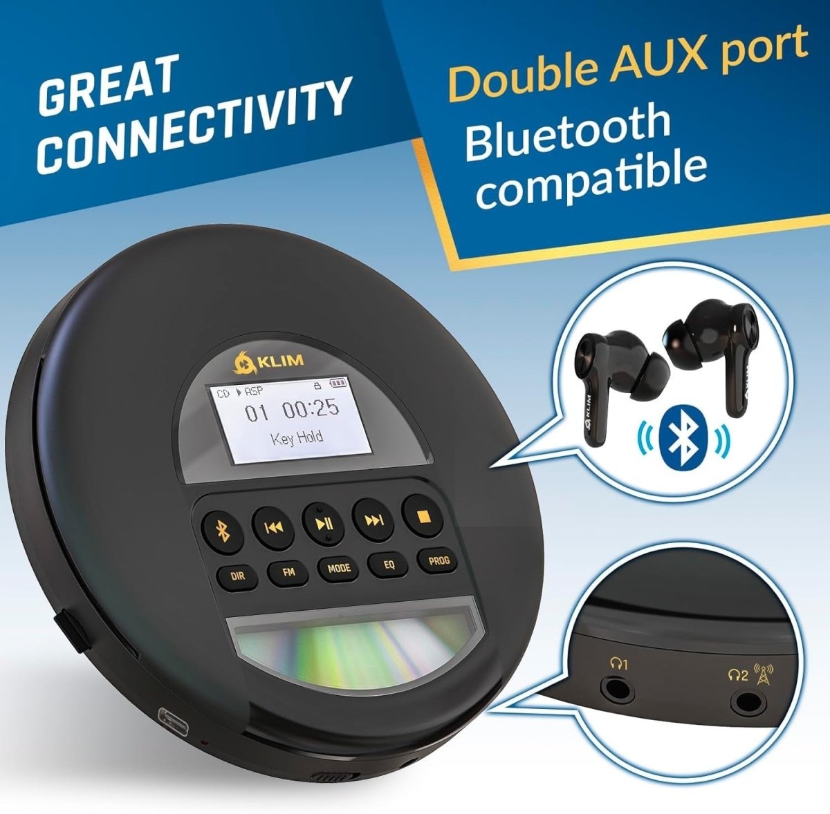 Portable CD Player Bluetooth FM Radio TF Card Anti Skip Headphones - Kwikley