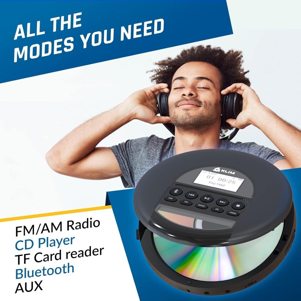 Portable CD Player Bluetooth FM Radio TF Card Rechargeable w/ Headphones - Kwikley