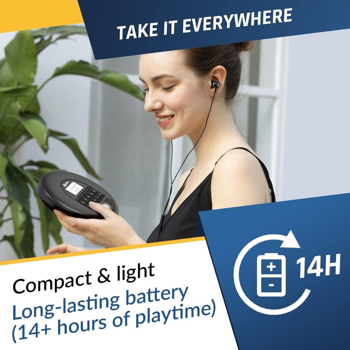 Portable CD Player Bluetooth FM Radio TF Card Rechargeable w/ Headphones - Kwikley