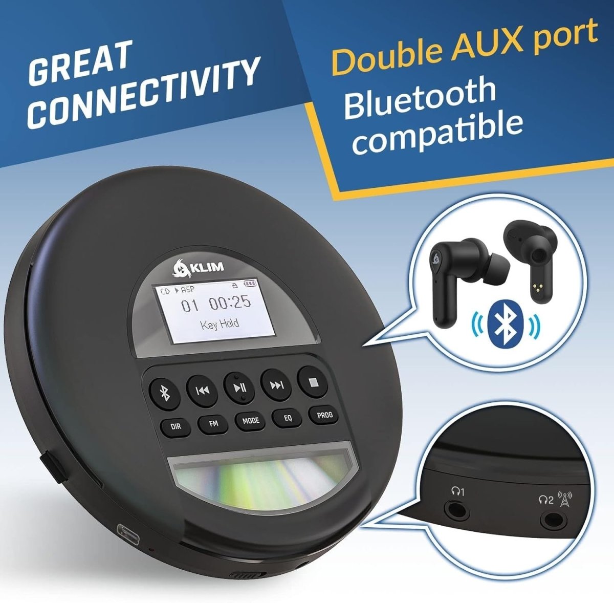 Portable CD Player Bluetooth FM Radio TF Card Rechargeable w/ Headphones - Kwikley