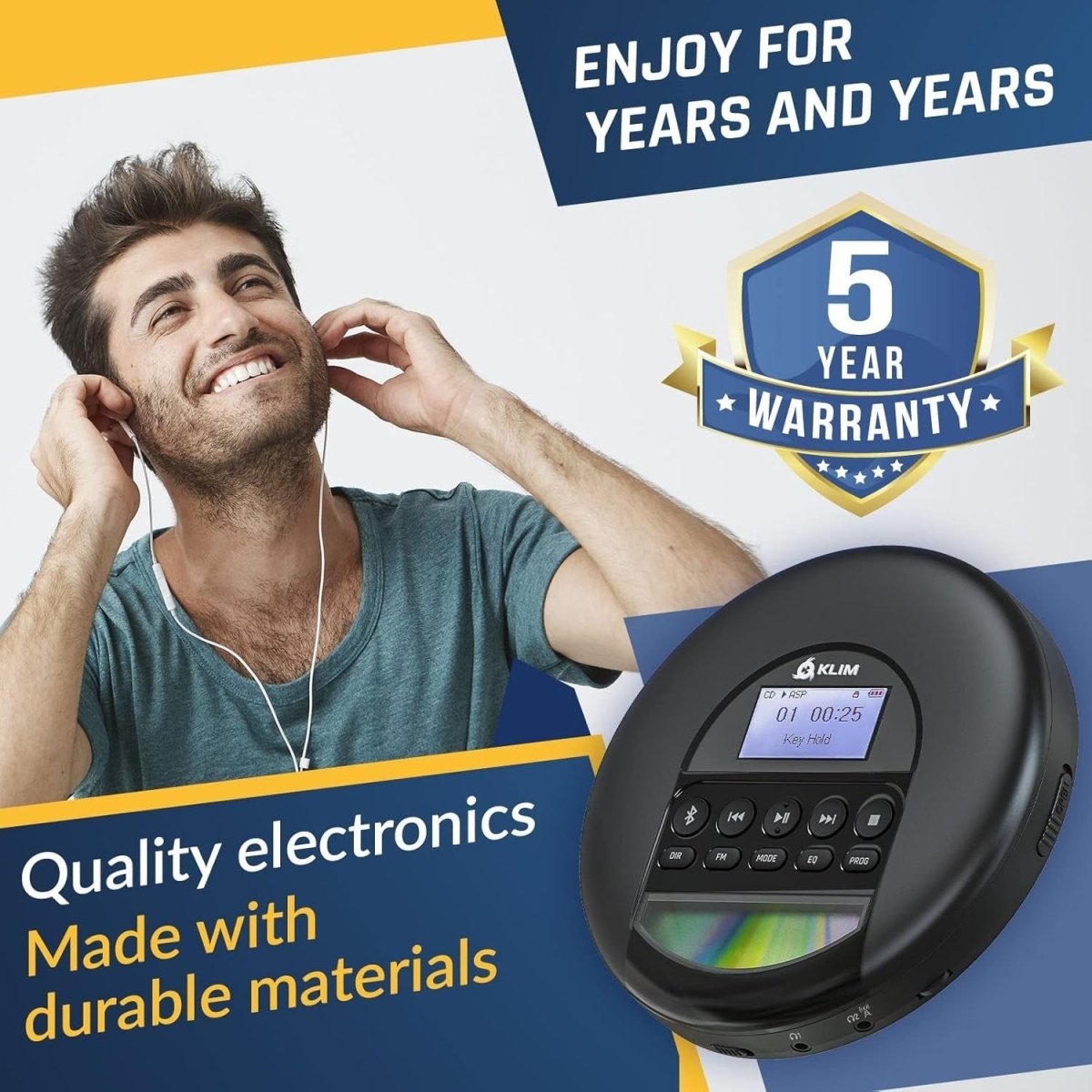Portable CD Player Bluetooth FM Radio TF Card Rechargeable w/ Headphones - Kwikley