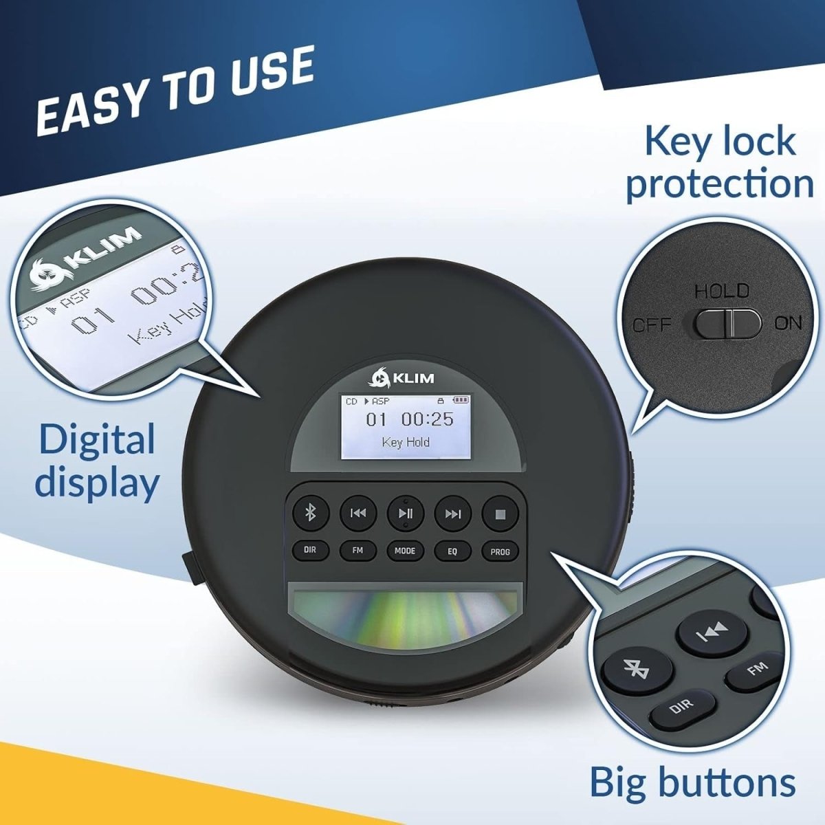 Portable CD Player Bluetooth FM Radio TF Card Rechargeable w/ Headphones - Kwikley