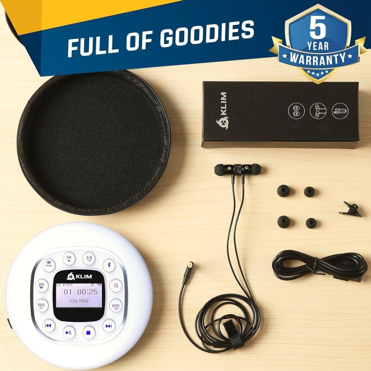 Portable CD Player Bluetooth FM Transmitter SD AUX Anti Skip White - Kwikley