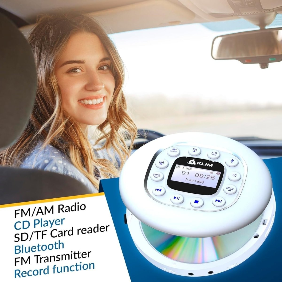 Portable CD Player Bluetooth FM Transmitter SD AUX Anti Skip White - Kwikley