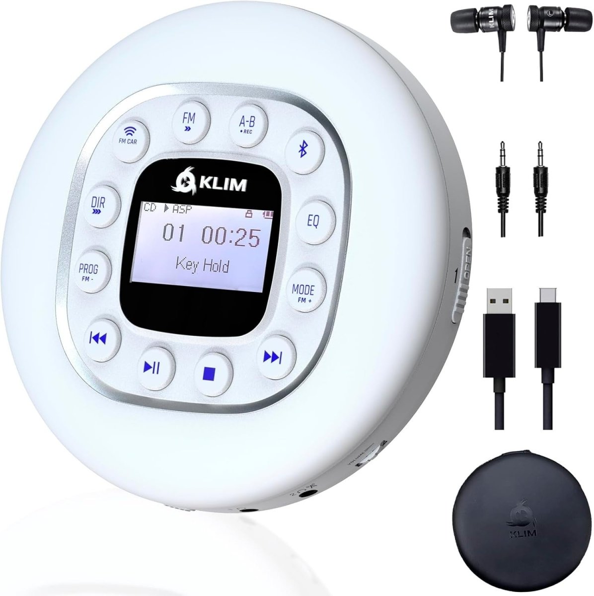 Portable CD Player Bluetooth FM Transmitter SD AUX Anti Skip White - Kwikley