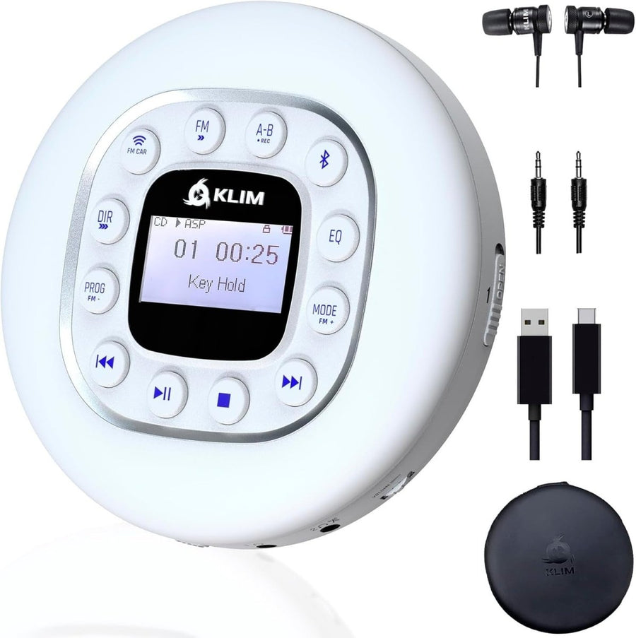 Portable CD Player Bluetooth FM Transmitter SD AUX Anti Skip White - Kwikley