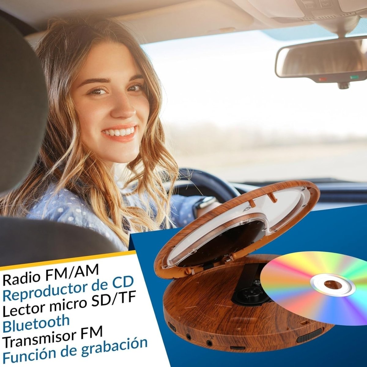 Portable CD Player Bluetooth FM Transmitter SD Card Rechargeable Wood - Kwikley