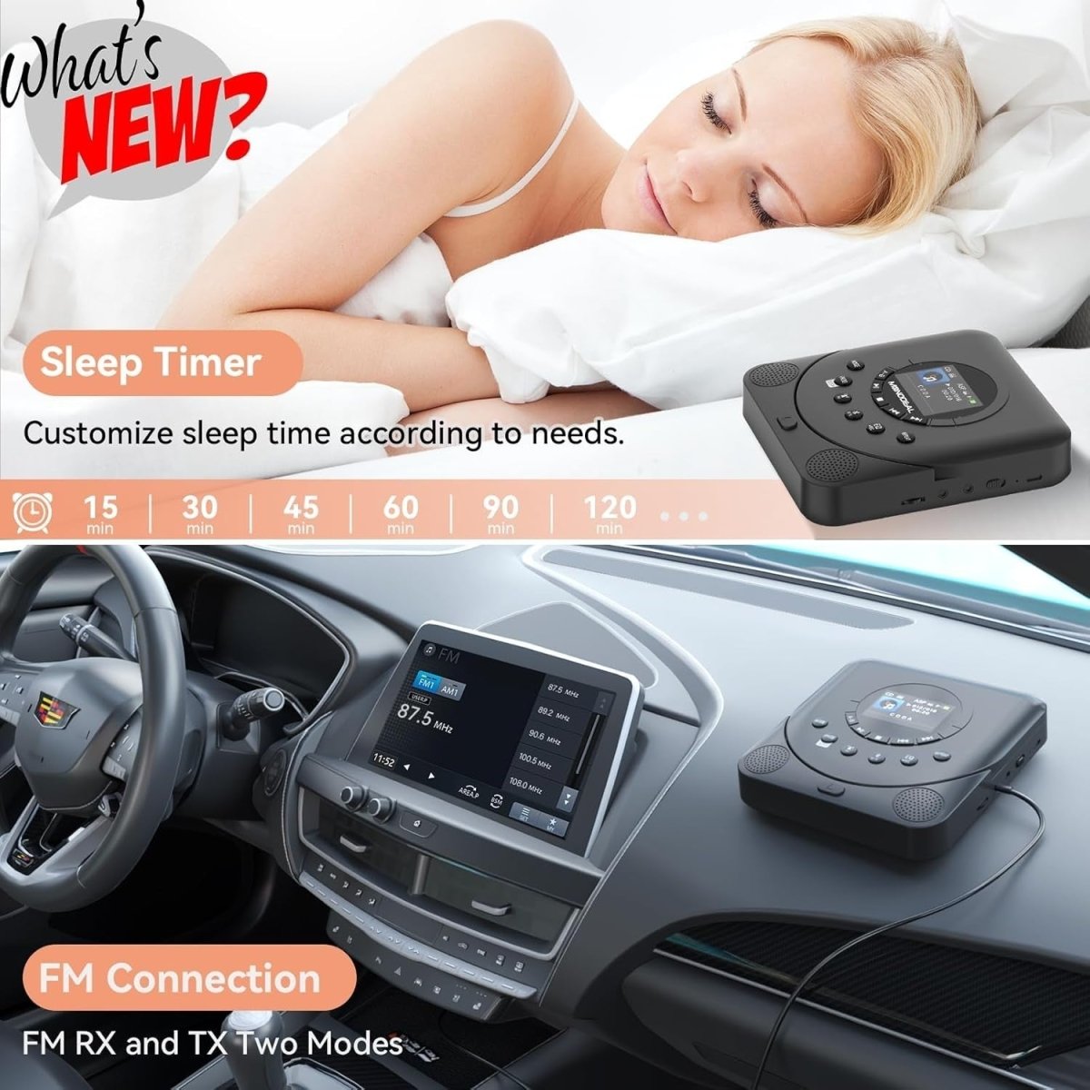 Portable CD Player Bluetooth FM Transmitter TF Card Rechargeable - Kwikley