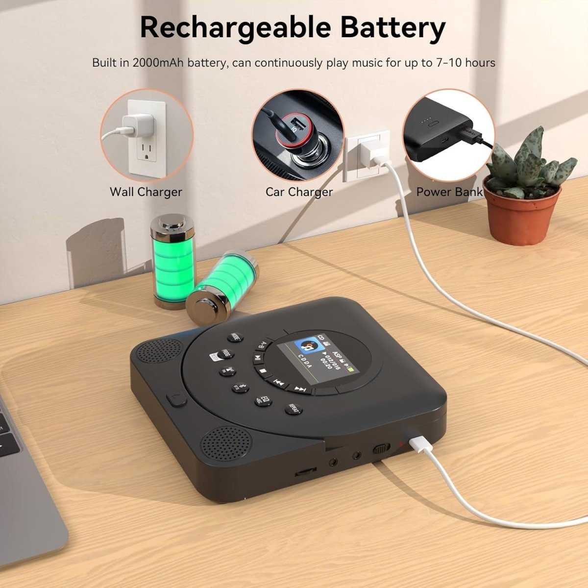 Portable CD Player Bluetooth FM Transmitter TF Card Rechargeable - Kwikley