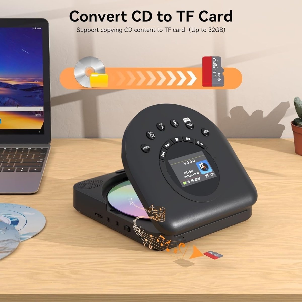 Portable CD Player Bluetooth FM Transmitter TF Card Rechargeable - Kwikley