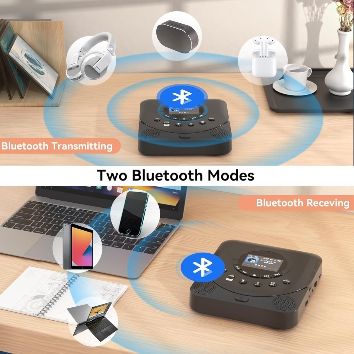 Portable CD Player Bluetooth FM Transmitter TF Card Rechargeable - Kwikley