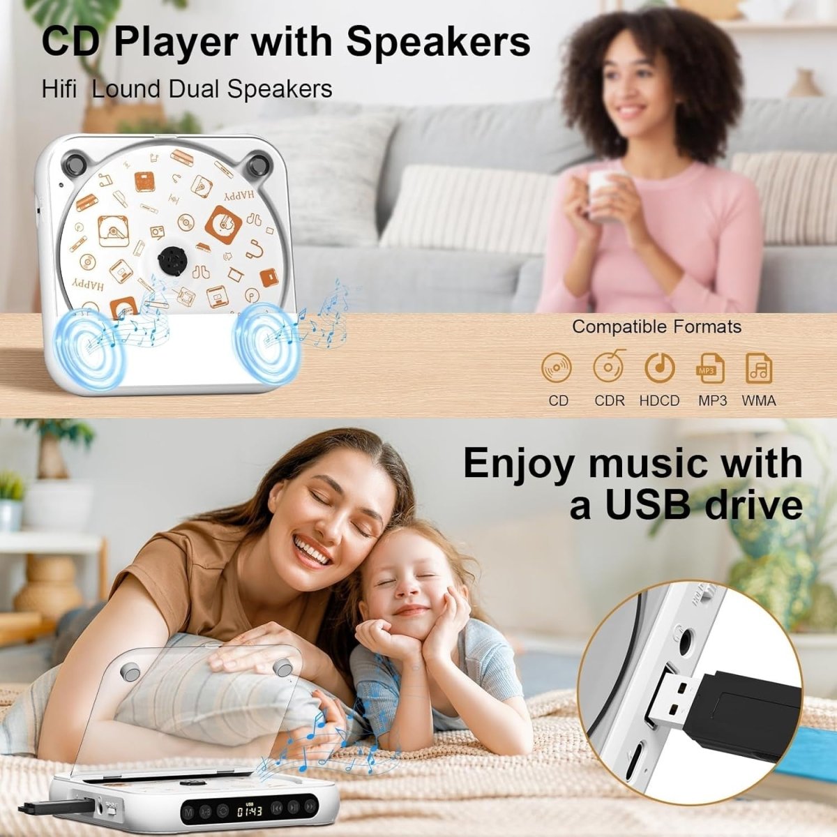 Portable CD Player Bluetooth Rechargeable HiFi Speaker Anti Skip - Kwikley