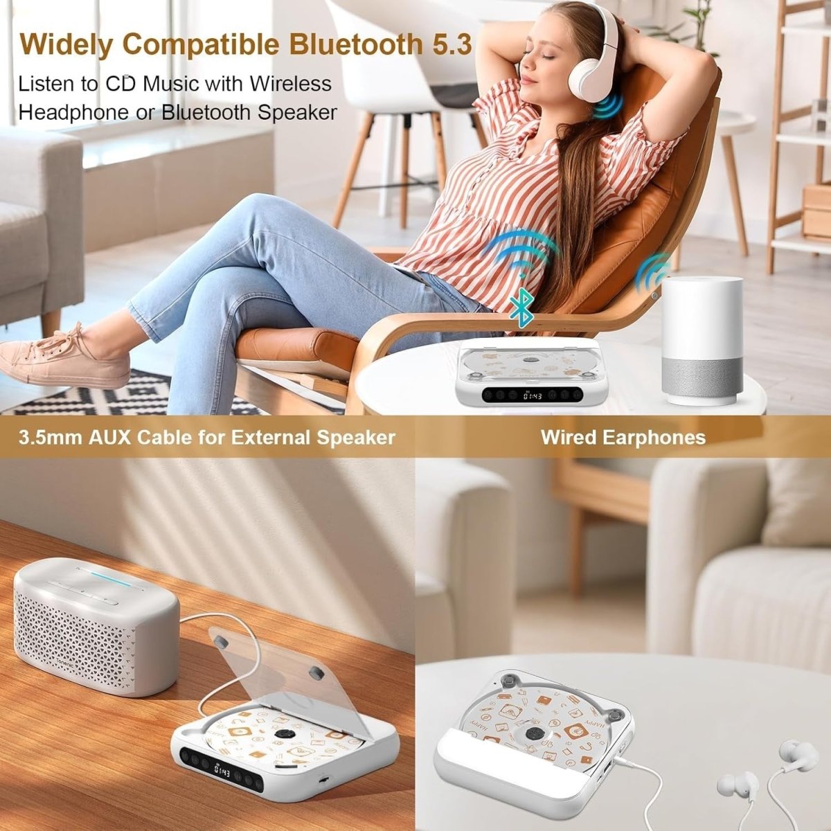 Portable CD Player Bluetooth Rechargeable HiFi Speaker Anti Skip - Kwikley