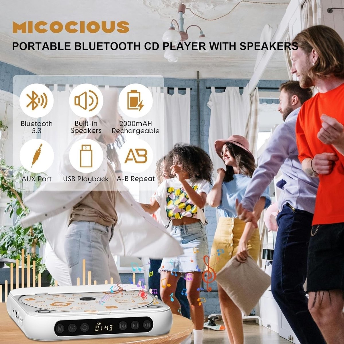 Portable CD Player Bluetooth Rechargeable HiFi Speaker Anti Skip - Kwikley