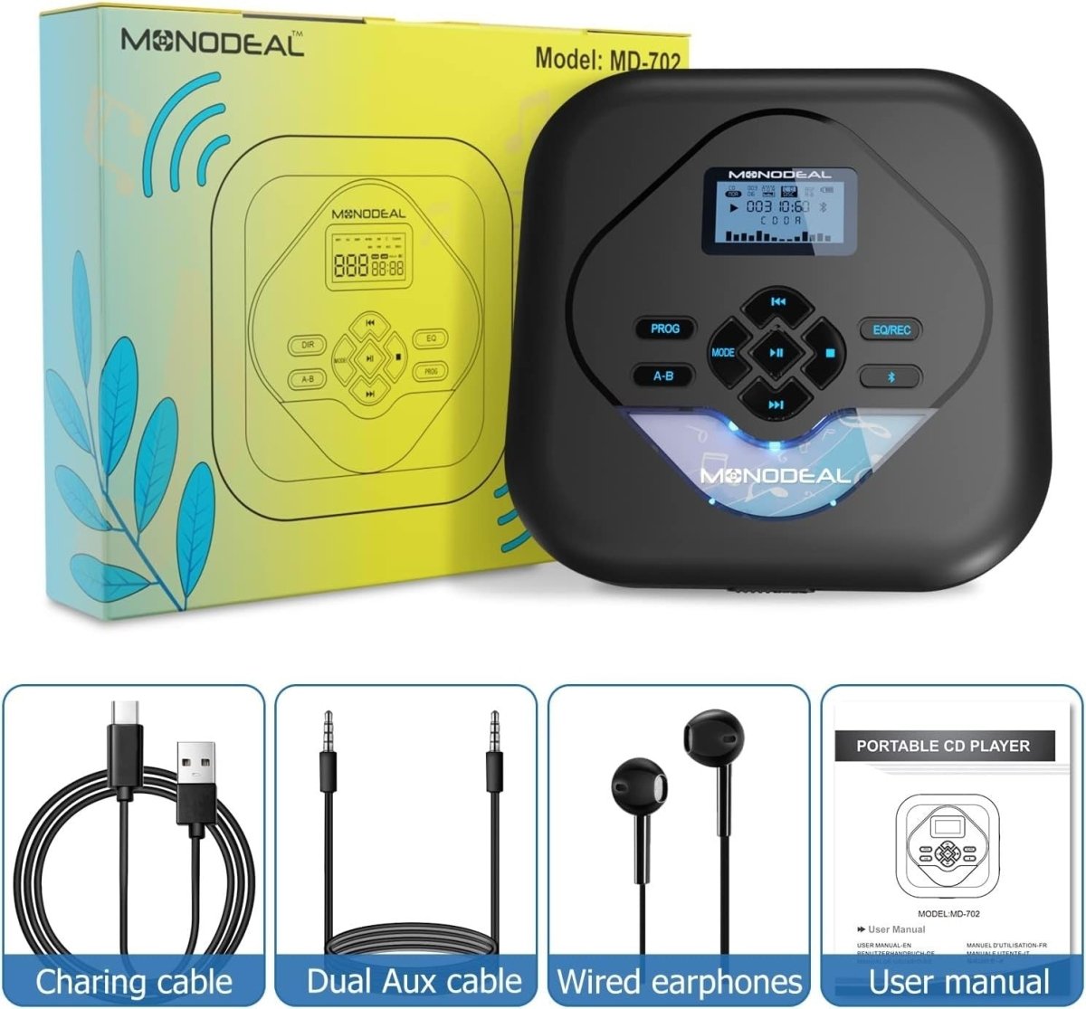 Portable CD Player Bluetooth Speaker Rechargeable Anti Skip AUX - Kwikley