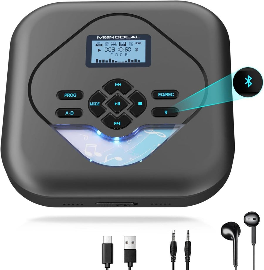 Portable CD Player Bluetooth Speaker Rechargeable Anti Skip AUX - Kwikley