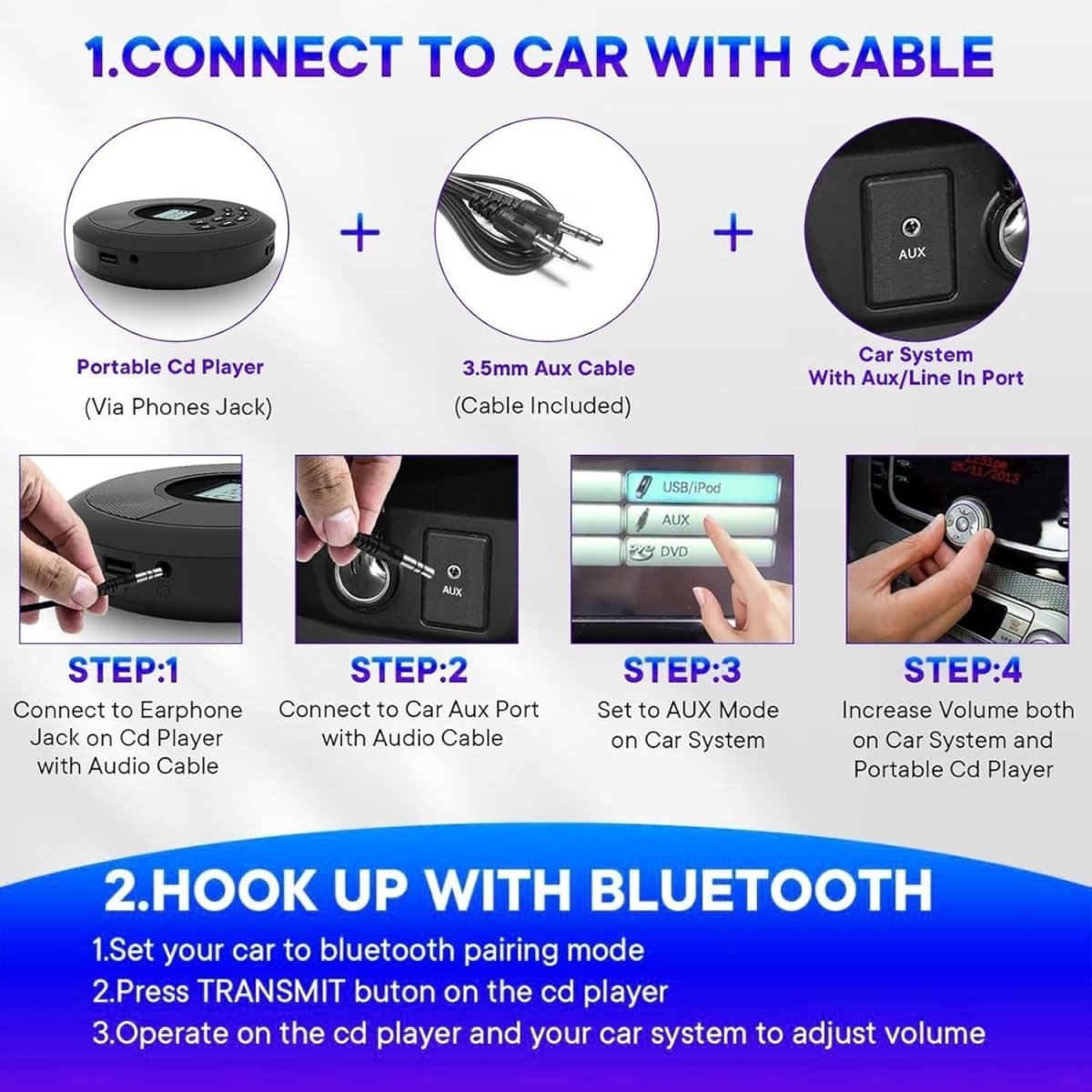Portable CD Player Bluetooth Speakers Rechargeable Anti - Skip AUX Car - Kwikley