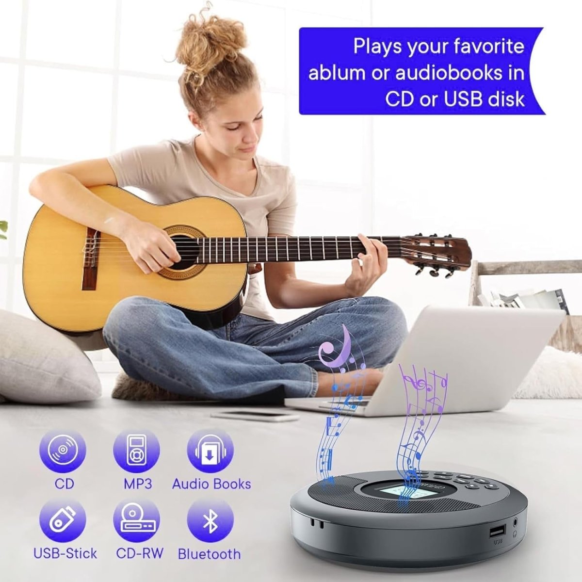 Portable CD Player Bluetooth Speakers Rechargeable Anti - Skip AUX Car - Kwikley