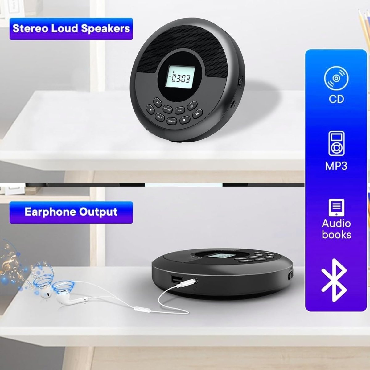 Portable CD Player Bluetooth Speakers Rechargeable Anti - Skip AUX Car - Kwikley