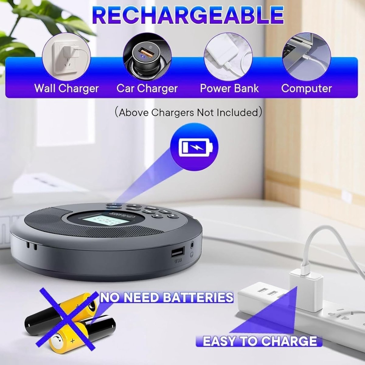Portable CD Player Bluetooth Speakers Rechargeable Anti - Skip AUX Car - Kwikley
