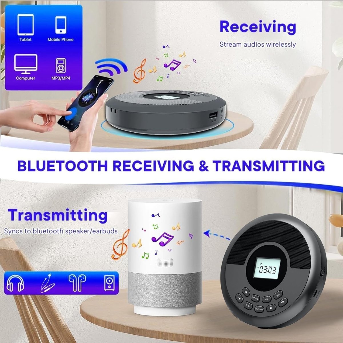 Portable CD Player Bluetooth Speakers Rechargeable Anti - Skip AUX Car - Kwikley