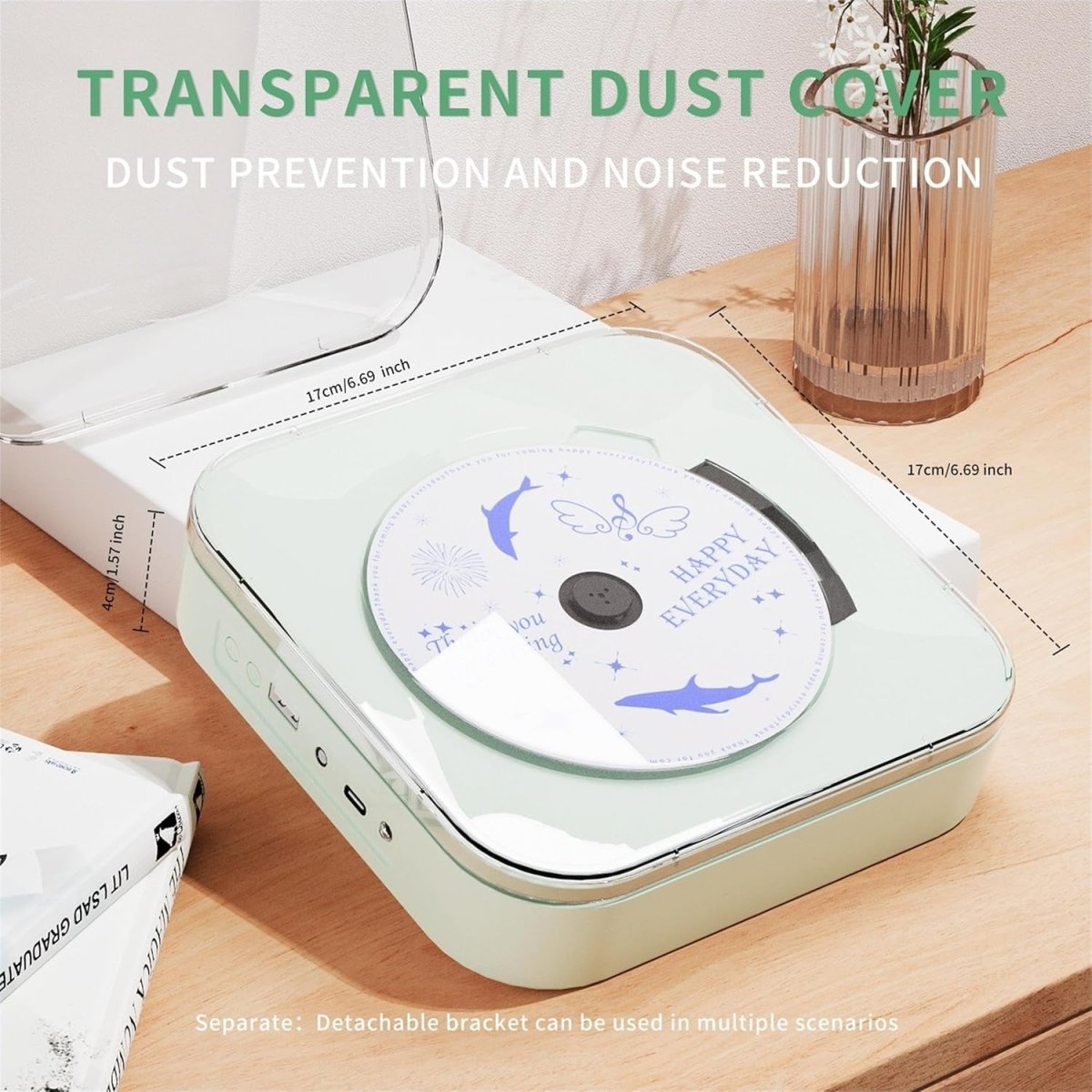 Portable CD Player Bluetooth USB Dual Speakers Transparent Cover Battery - Kwikley