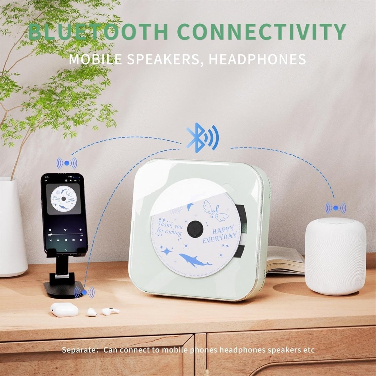Portable CD Player Bluetooth USB Dual Speakers Transparent Cover Battery - Kwikley