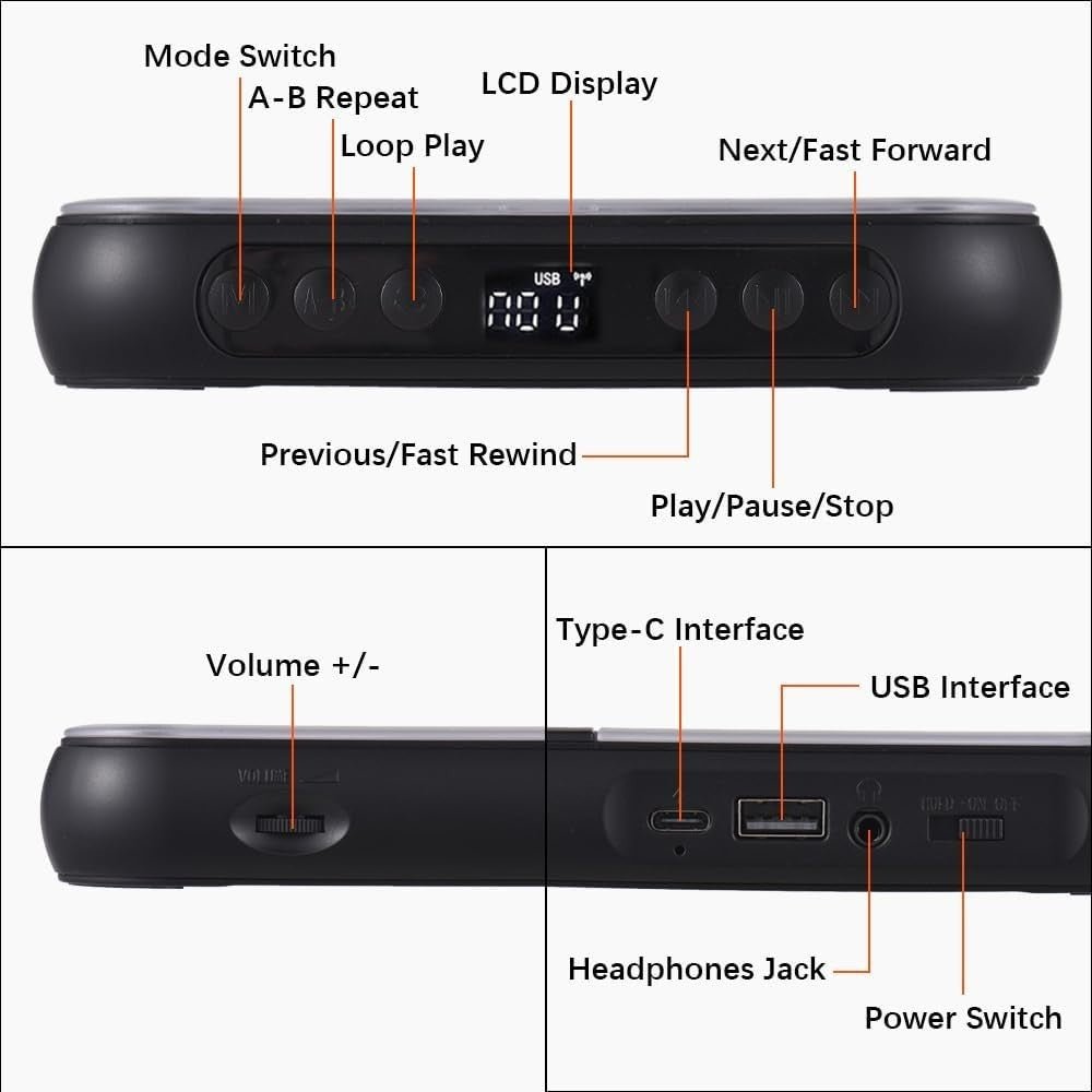 Portable CD Player Bluetooth USB TF A - B Repeat Timer Remote Black - Kwikley