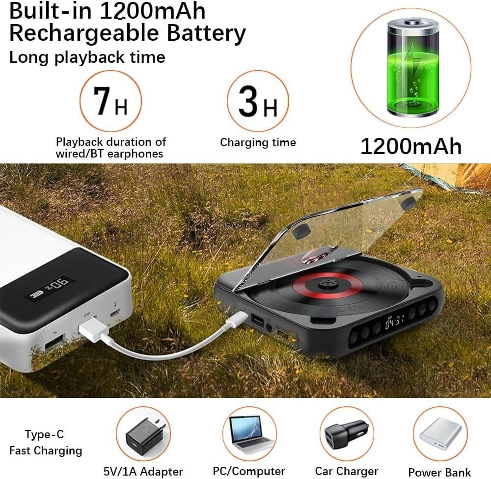 Portable CD Player Bluetooth USB TF A - B Repeat Timer Remote Black - Kwikley