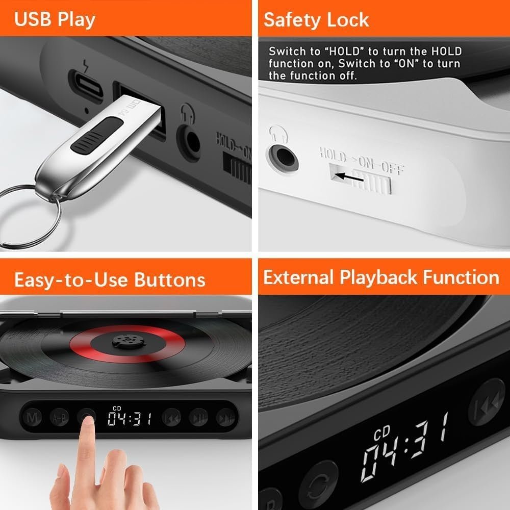 Portable CD Player Bluetooth USB TF A - B Repeat Timer Remote Black - Kwikley