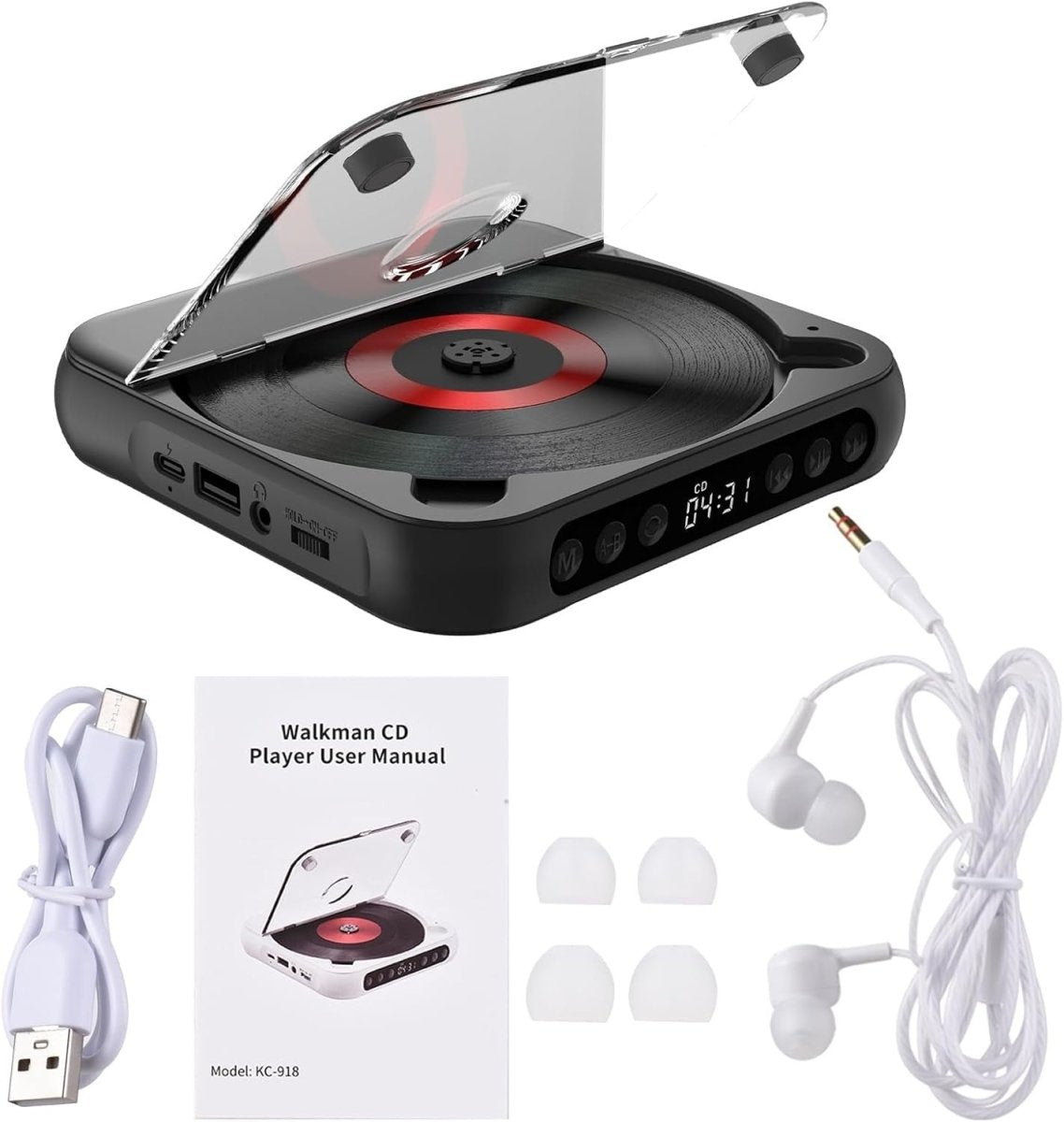 Portable CD Player Bluetooth USB TF A - B Repeat Timer Remote Black - Kwikley