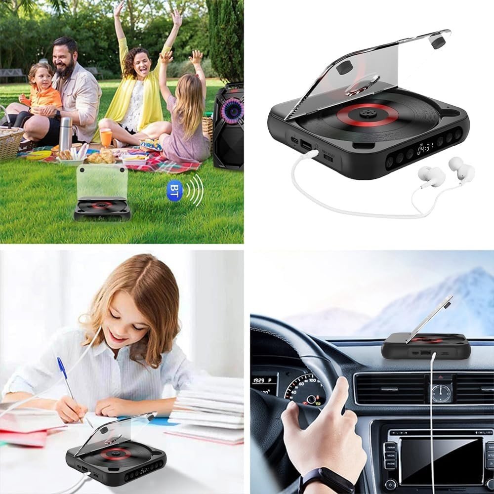 Portable CD Player Bluetooth USB TF A - B Repeat Timer Remote Black - Kwikley